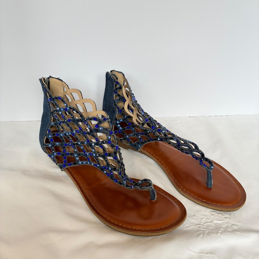 Zigi Soho Blue Denim Rhinestone Sandal Caged Gladiator Thong Boho Festival Y2K